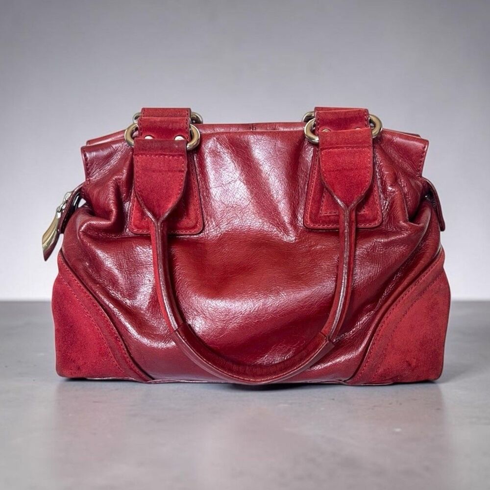 Francesco Biasia Red Leather Satchel Handbag Suede Trim Shoulder Purse Italy